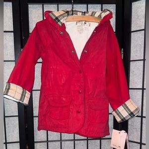 Vibrant Red Trench Coat with Plaid Details
